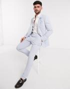 Asos Design Wedding Skinny Suit Pants In Light Blue Gingham Cotton Seersucker-blues