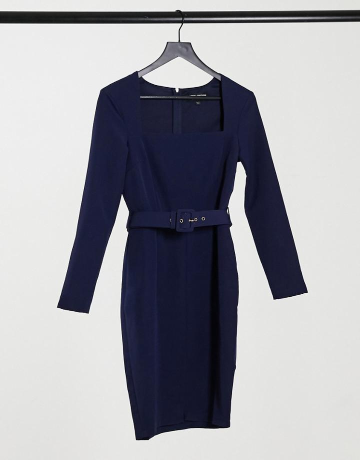 Little Mistress Square Neck Belted Midi Dress In Navy