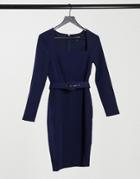 Little Mistress Square Neck Belted Midi Dress In Navy