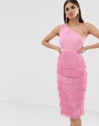 Lavish Alice One Shoulder Fringe Midi Dress In Pink - Pink