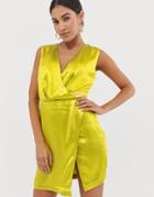 The Girlcode Satin Wrap Mini Dress In Lime Green