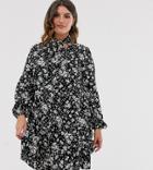 New Look Curve Tie Neck Tiered Midi Dress In Black Ditsy Floral