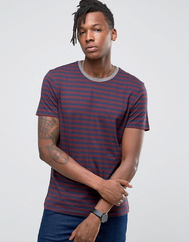 Selected Homme Crew Neck Stripe T-shirt With Contrast Hem - Red