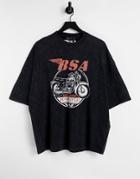 Asos Design Oversized T-shirt With Bsa Motorcycles Print In Acid Wash Black