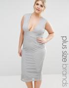 Missguided Plus Ribbed Plunge Midi Dress - Gray