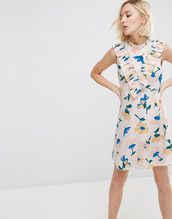 Asos Aline Dress With Pleated Yoke Front In Floral Print - Multi