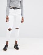 Asos Ridley High Waist Skinny Jeans In White With Busted Knee Rips - White