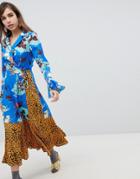 Asos Design Mix Print Wrap Maxi Dress With Fluted Sleeve - Multi