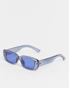 Asos Design Mid Rectangle Sunglasses In Navy With Blue Lens