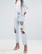 Asos Original Mom Jeans In Pretty Mid Wash With Pearl Detail Rips - Blue