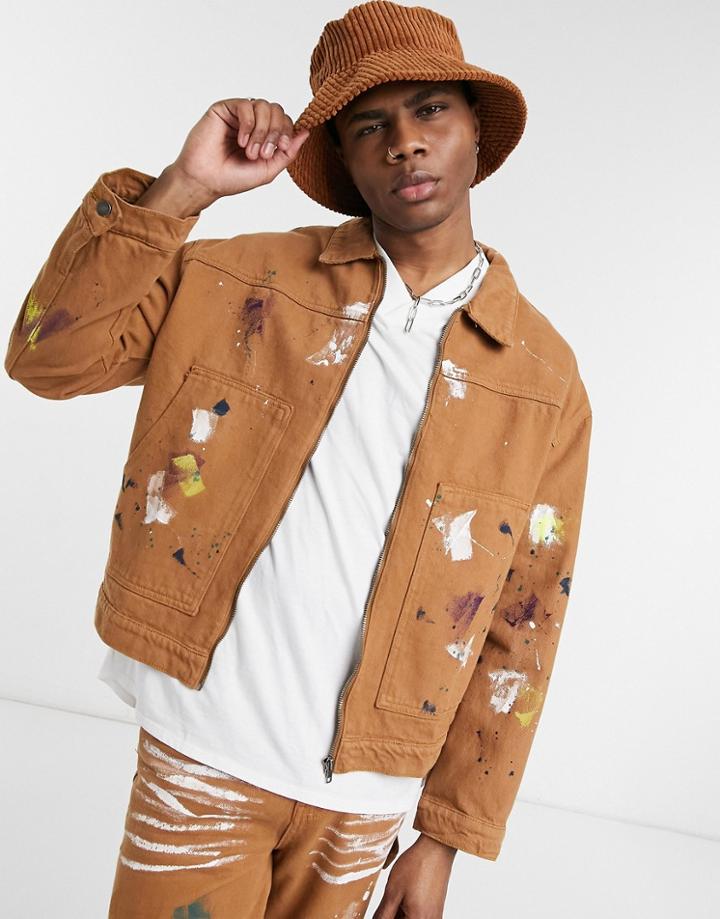 Jaded London Set Paint Splattered Carpenter Jacket-brown