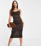 Parisian Tall Satin Cami Strap Midi Dress With Cowl Neck In Chocolate-brown