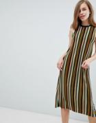 Pull & Bear Stripe High Neck Midi Dress In Multi - Purple