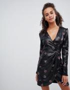 Bershka Floral Sequin Detail Wrap Dress - Beige