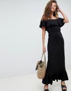 Asos Design Off Shoulder Maxi Sundress With Tiered Skirt - Black