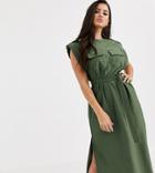 Asos Design Petite Utility Pocket Sleeveless Belted Midi Dress-green