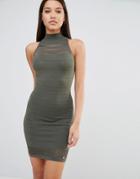 Fleur East By Lipsy Sheer Stripe Dress - Khaki