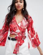 Missguided Leaf Print Wrap Top - Red