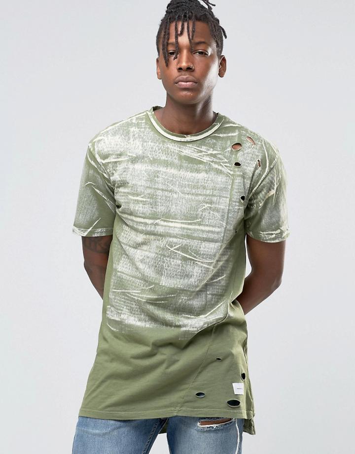 Hand Of God Distressed T-shirt With Asymetrical Hem - Khaki