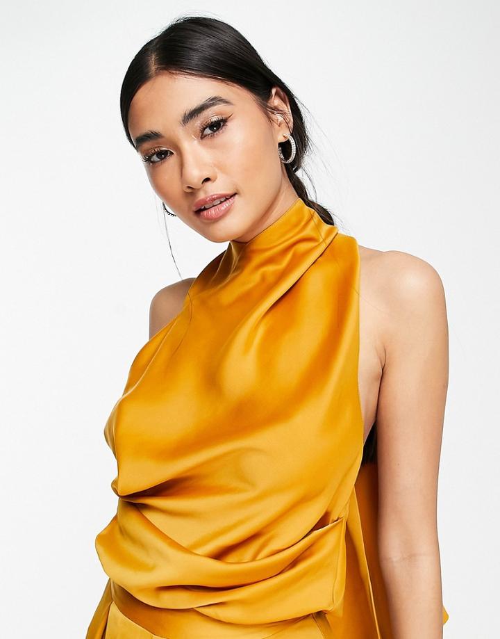 Asos Design Satin Drape Halter Top In Gold - Part Of A Set