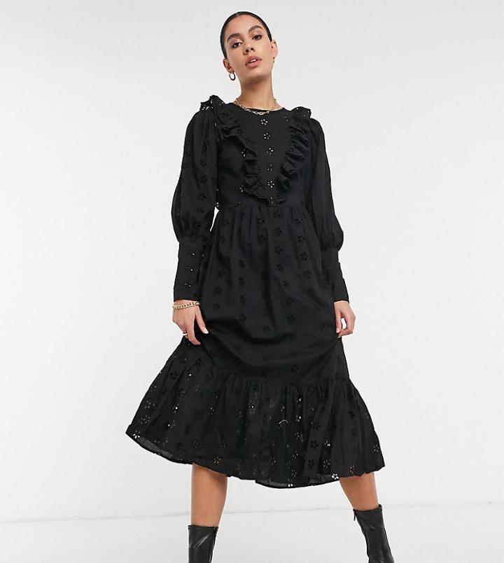 Asos Design Tall Eyelet Midi Smock Dress With Ruffle Detail In Black