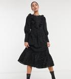 Asos Design Tall Eyelet Midi Smock Dress With Ruffle Detail In Black
