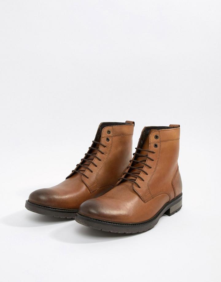 Asos Lace Up Boots In Tan Leather With Chunky Sole - Tan