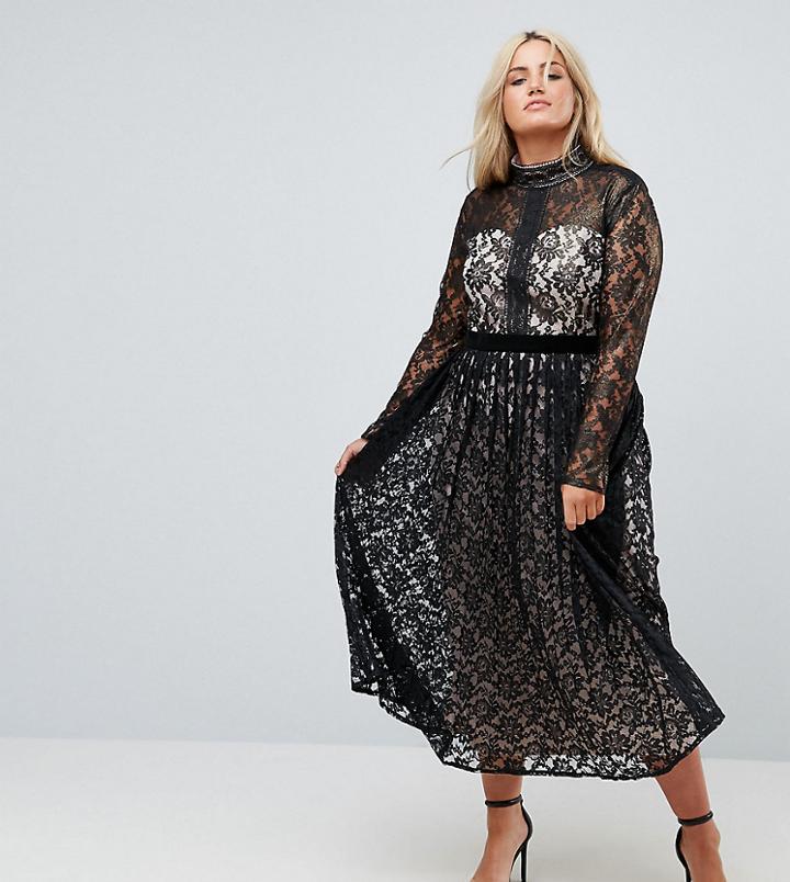Little Mistress Plus Allover Cutwork Lace Midi Dress - Black