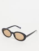 Asos Design Plastic Oval Sunglasses In Black With Pale Brown Lens