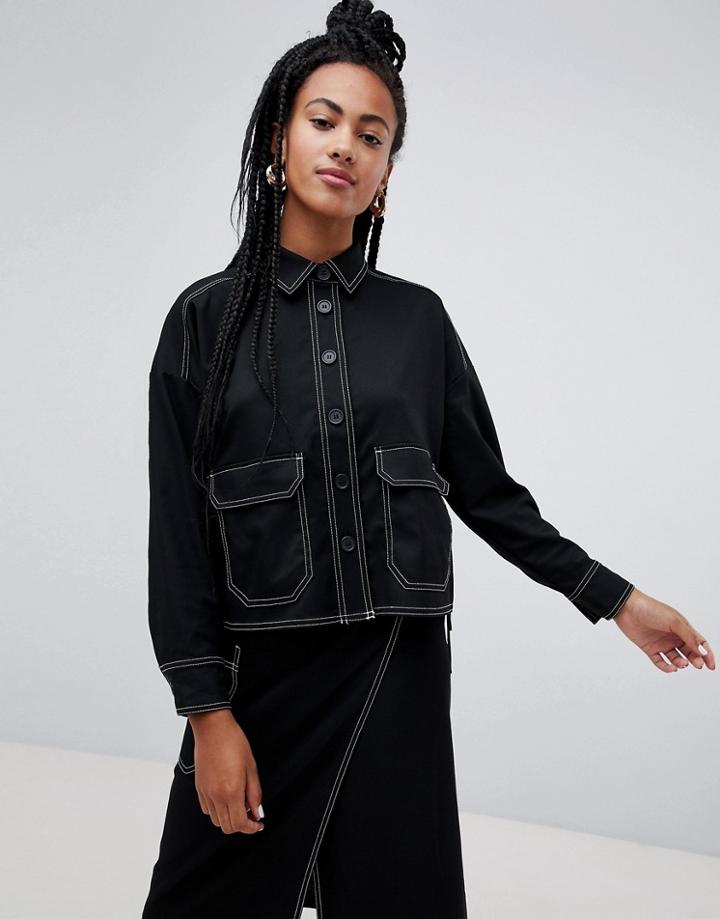 Monki Oversized Utility Top In Black With Contrast Stitching - Black