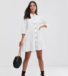 Asos Design Tall Button Through Tiered Mini Smock Dress - White