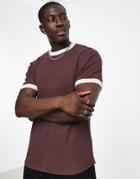 Asos Design Waffle T-shirt In Dark Brown With Beige Contrast Trims