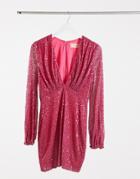 Club L London Sequin Plunge Long Sleeve Mini Dress In Pink