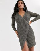 Asos Design Metallic Knit Wrap Dress-silver