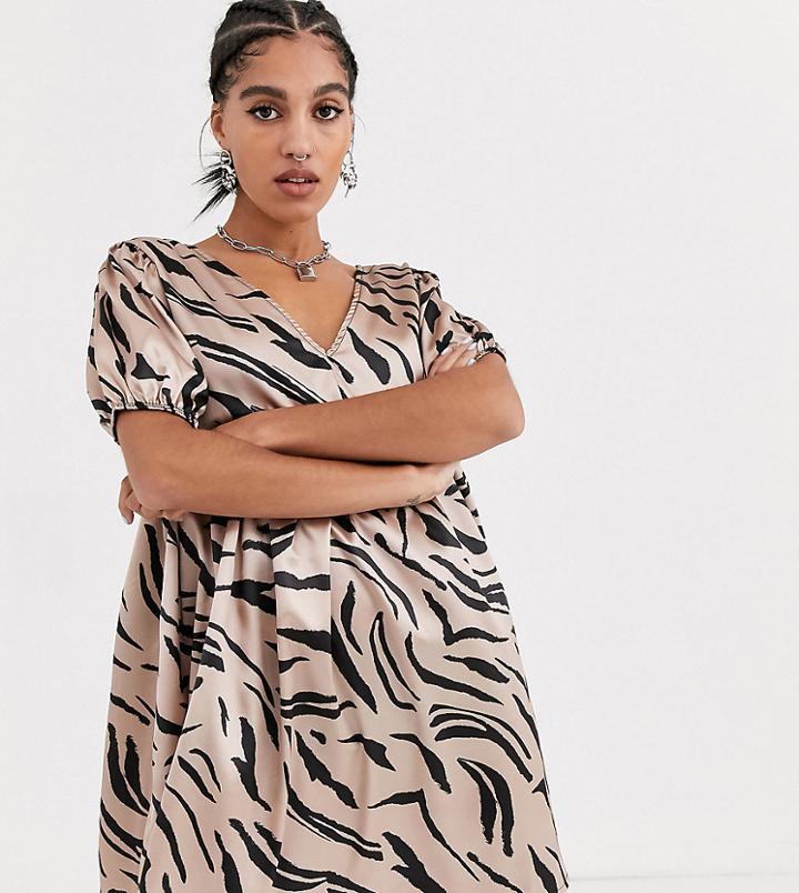 Another Reason V Neck Smock Dress In Abstract Zebra Satin-multi