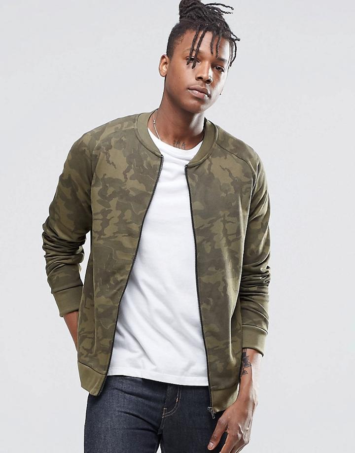 Pull & Bear Camo Bomber Jacket In Khaki - Khaki