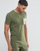 Asos Longline Muscle T-shirt With Faux Suede Pocket - Green