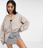 Collusion Structured Knit Cardigan In Mushroom-brown