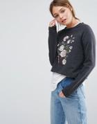New Look Floral Embroidered Sweat Sweater - Gray