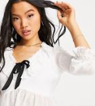 River Island Petite Long Sleeve Chiffon Textured Spot Bow Blouse In White