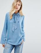 Boss Orange By Hugo Boss Denim Look Pussy Bow Shirt - Blue