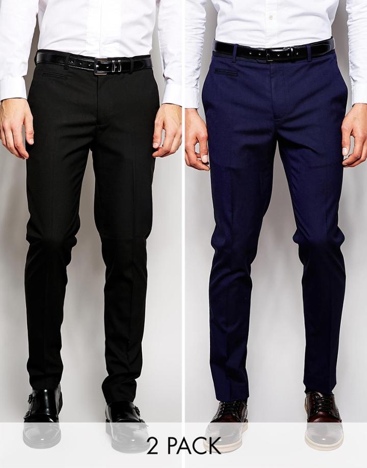 Asos 2 Pack Skinny Trouser In Black And Navy Save 17% - Multi