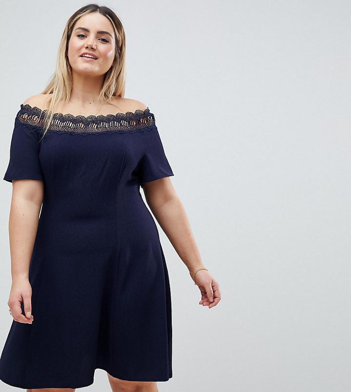 Lovedrobe Lace Trim Bardot Skater Dress-navy