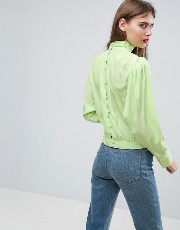 Asos Long Sleeve Blouse With Button Back - Green