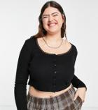 Daisy Street Plus Ribbed Crop Top With Lace Hem And Button Front-black