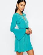 Lipsy Belted Skater Dress With Keyhole Neck And Bell Sleeve - Teal