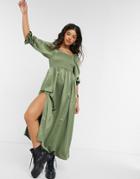 Asos Design Shirred Satin Maxi Dress In Khaki-green