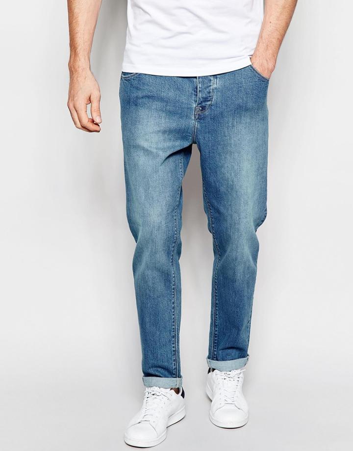Asos Stretch Tapered Jeans In Green Caste Mid Blue - Mid Blue