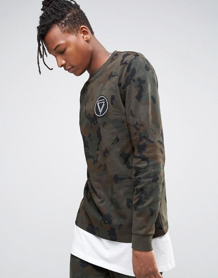 Asos Camo Print Sweatshirt With Chest Patch Print - Green
