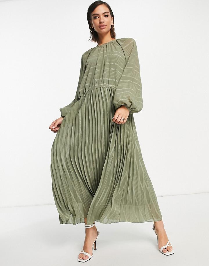 Asos Design Drop Waist Pleated Hem Maxi Smock Dress In Self Stripe In Khaki-green